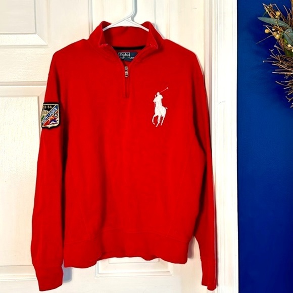 Vintage Polo by Ralph Lauren Red Large White Logo Long Sleeve Quarter Zip Size M - Picture 2 of 9
